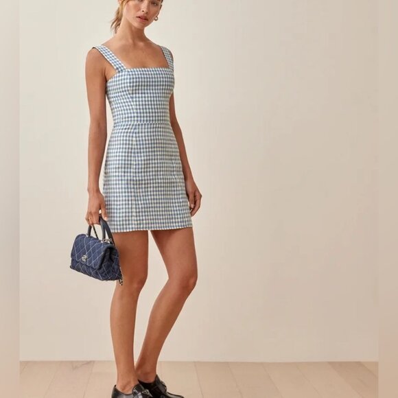 NEW Reformation Brigitte Linen Dress Blue and White Gingham Azure Check | size 2 - Picture 2 of 12